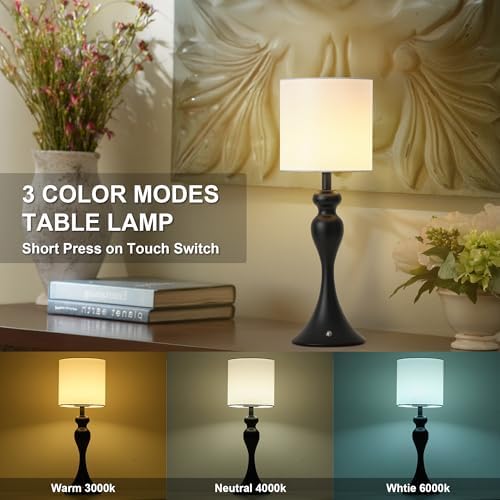 Cordless Table Lamp Rechargeable, Battery Fabric Bedside Touch Light, Black