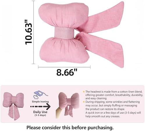 2PCS Chic Car Headrests with Bow-Shaped Cotton Linen Bowknot Neck Pillows for Cozy Road Trip & Cute Interior Decoration (Pink)