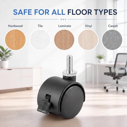 BBTO 8 Pcs 1 Inch M6 Swivel Stem Casters Wheels Replacement, M6 Threaded Stem Caster with Brake, Heavy Duty 360° Standing Desk Wheels, No Noise, Black Nylon, for Cart Furniture Table Cabinet Shelf