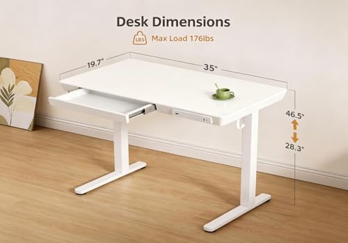 Claiks Small Glass Standing Desk with Drawers & USB Ports 35x19 White