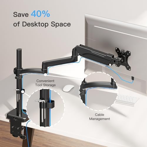 MOUNTUP 27 inch Extra Long Monitor Arm, Single Desk Mount for 22-32 inch, Tall Monitor Stand Holds 4.4-19.8lbs, Height Adjustable Monitors Stand for Desk with C-Clamp/Grommet Base, Black