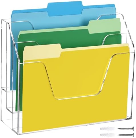 DINGHUO Acrylic Hanging Wall File Folder Organizer for Desk, Clear 3 Tier Document Paper Magazine Holder for Home, Office Organization, School - 1 Pack
