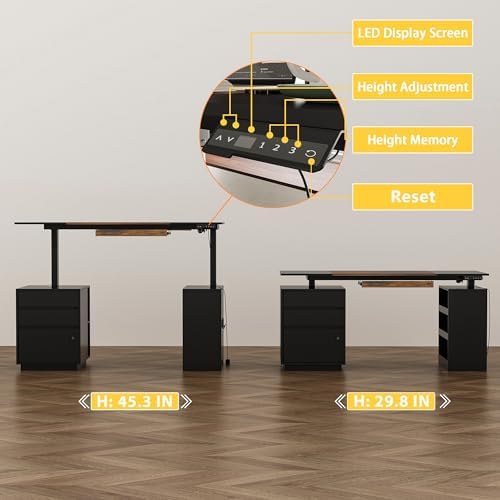 63" Electric Standing Desk with Lockable Drawer, Pegboard and Keyboard Tray, Height Adjustable Stand up Desk with File Cabinet & Shelves, Home Office Computer Gaming Table, Black
