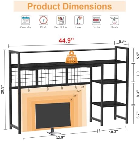 Snughome Desk Shelf, 44.9" Desktop Organizer Shelf, Desk Hutch for Computer Monitor, 4 Tier Desk Display Rack with Pegboard Hooks Set, Wood Desktop Bookshelf for Home Office Dorm