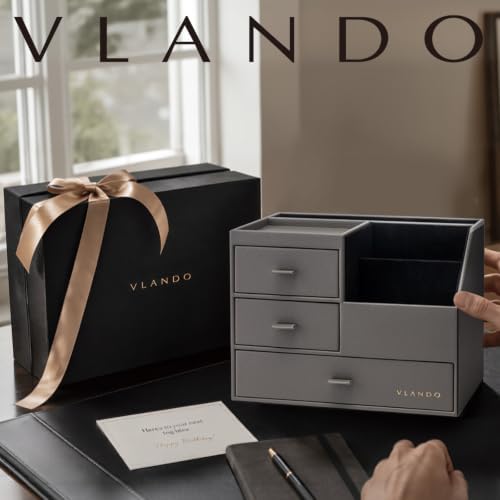 VLANDO Desk Organizer with Drawers, Pen Holder for Desk for Daily Use, Gray