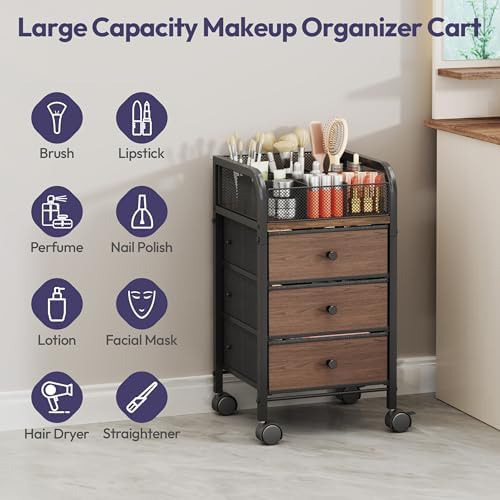 SWTYMIKI Rolling Makeup Organizer Cart - Under Desk Vanity Makeup Storage with 3 Non-woven Drawers, Nail Cart Organizer Cosmetic Display Cases Cabinet for Skin Care Perfume Nail Polish Brush Hair Tool