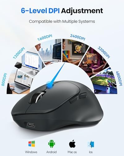 TECKNET Wireless Mouse Bluetooth 5.0/3.0 & 2.4G Rechargeable, Silent Clicks, Adjustable 4800 DPI, 6 Buttons, Ergonomic Design, Bluetooth Mouse for Laptop, Computer, ipad - Gray