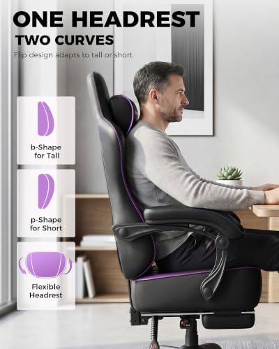 GTPLAYER Big and Tall Gaming Chair with Footrest, Ergonomic Office Desk Chair with 4.4in Thick Cushion and Wide Wingless Seat, Comfortable Leather Computer Chair, Predator Series, Purple Gradient