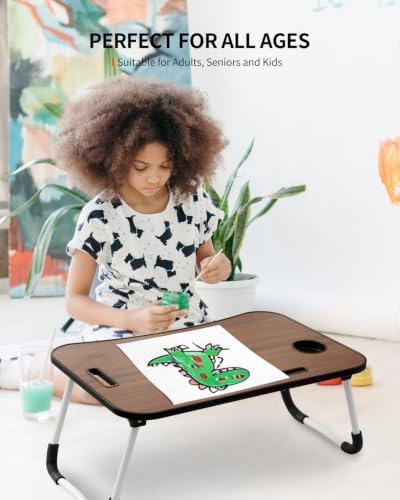 FISYOD Foldable Laptop Table, Portable Lap Desk Bed Table Tray, Laptop Stand with Cup Holder & Tablet Slot & Lifting Handle for Working Writing Drawing & Eating (Walnut)