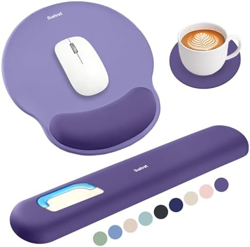 Sushret Mouse Pad and Keyboard Wrist Rest, 3-in-1 Gel Memory Foam Ergonomic Mouse Pad with Wrist Rest Set, Gaming Mousepad Arm Cushion Support for Computer Office Desk Accessories Cute Setup, Purple