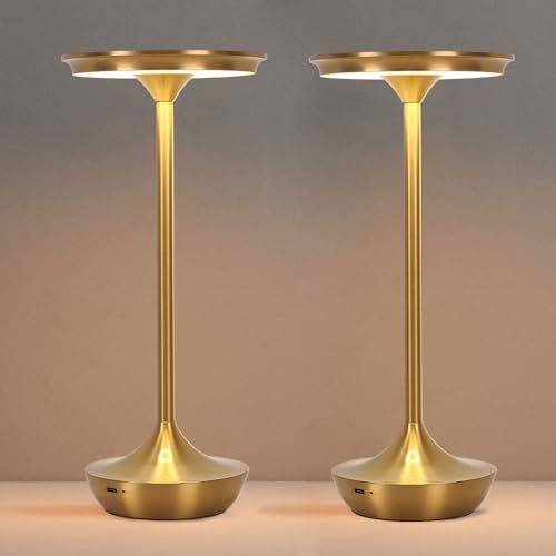 Cordless Table Lamp Set of 2,Portable Rechargeable 6000mAh Outdoor LED Table Lamps,3 Color Stepless Dimming Touch Battery Powered Lamp, Table Light for Restaurant/Patio/Camping/Bedroom(Gold)
