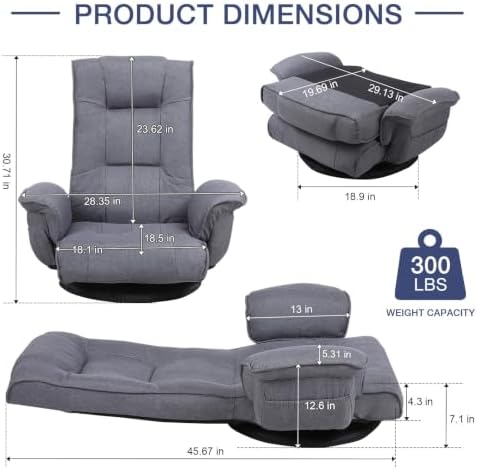 Linen Fabric Ergonomic Gaming Chair, 6-Position Reclining Sofa Bed with Lumbar Support, Foldable Floor Lounger with Thick Cushion, Armrests & Side Pockets for Esports, Reading, Napping (Gray)