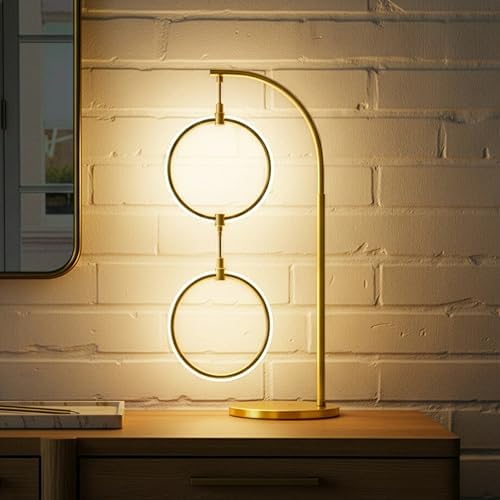 Brightech 2 Ring Lamp - 24" Dimmable LED Table Lamp with 2 Hanging Light Rings, Modern Arc Desk and Bedside Nightstand Lamp with USB-C Charging Port, 12W Warm White LED, Gold Brass