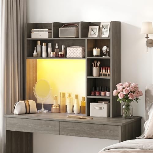 Tangkula Desktop Bookshelf with LED Lights, Desk Hutch with 8 Shelves for Max 25" Monitor, Desktop 5-Tier Display Rack, Multipurpose Wood Desktop Storage Hutch Organizer for Dorm Office Home (Grey)