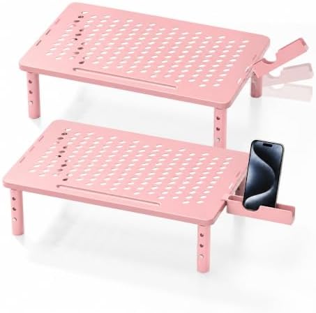 Computer Monitor Stand Riser for Desk, 3 Height Adjustable PC Laptop TV Desktop Monitor Stand Shelf, Metal Printer Table with Phone Holder, Stand Riser for Desk, Office Desk Organizers and Accessories, Pink 2 Pack