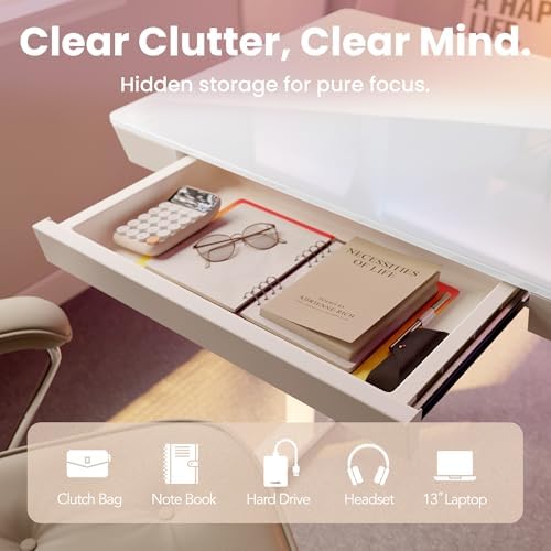 HUANUO Glass Standing Desk with Drawers, 40 X 24 Inch Electric Adjustable Height Desk, Quick Install One-Piece Tabletop with USB Charging Ports, White