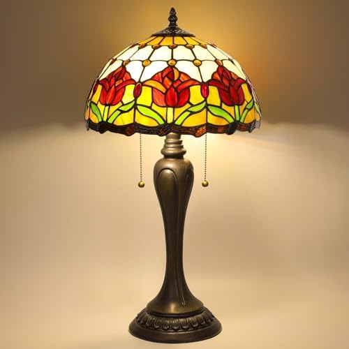 Stained Glass Table Lamp, Red Tulips Style Lampshade Reading Light 12X12X22 Inches, Adjustable 3 Color Temperature Decor for Bedroom Living Room