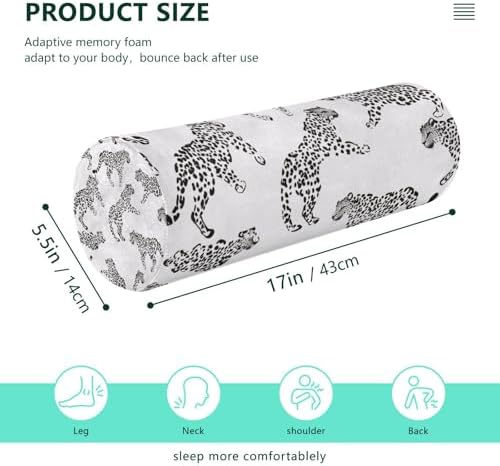 White Leopard Print Neck Roll Pillow - Extra Dense Memory Foam Round Cylinder Bolster for Cervical Support, Spondylosis, Neck Pain Relief