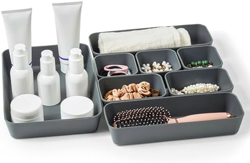 ISSEVE 8Pcs Silicone Drawer Organizer Trays for Bathroom, 4 Sizes, Black