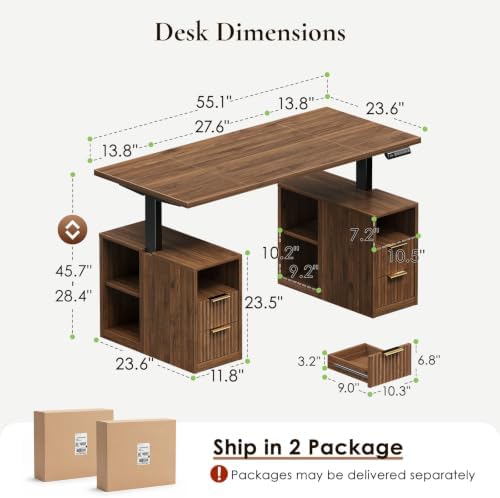 OffiGo Fluted 55 Inch Electric Standing Desk with 2 Storage Cabinet, Walnut