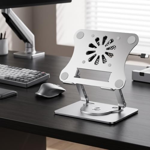 Laptop Cooling Stand Ergonomic Metal Riser Support with Built in Fan and Ventilated Plate for Suitable for Office Study Gaming Home, Gray, Rotatable with Cooling Fan