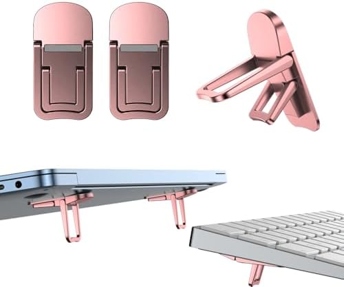2PCS Metal Mini Foldable Laptop Stand, Portable Computer Keyboard Riser with 2 Adjustable Angles, Self-Adhesive Invisible Notebook Stand and Keyboard Lift for Desk (Pink)