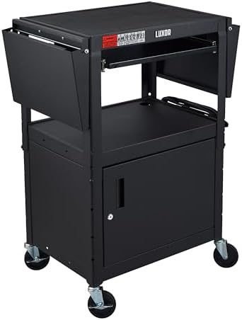 Leader Adjustable Height Rolling AV Cart, Mobile Workstation with Drop Leaf Shelves, Pullout Keyboard Tray, Locking Steel Cabinet, Power Strip for Classroom and Office Use (Black, 24-42 Inch)