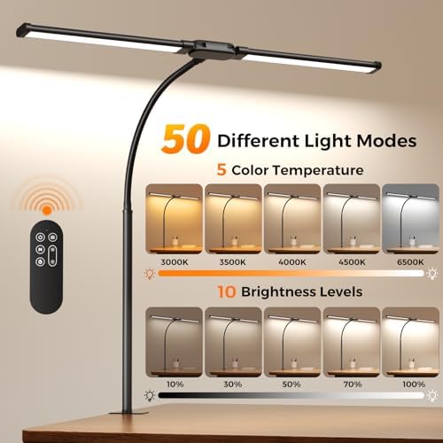 SKYLEO LED Desk Lamp with Clamp - Double Head Desk Light with Remote and Touch - Eye Protection - 12 W, 5 Color Modes, Timer and Memory Function, Flexible Gooseneck - for Office, Reading - Black