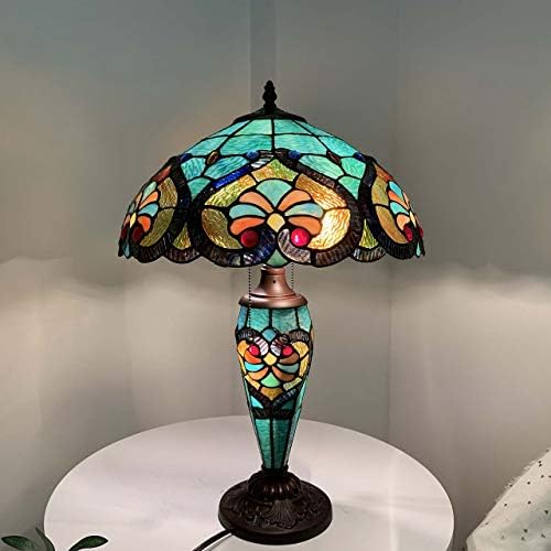 Bieye L10801 Baroque Tiffany Style Stained Glass Table Lamp, Lighted Base 24 inches Tall, Blue