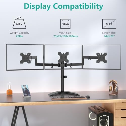 WALI Triple Monitor Stand, Free Standing for 13-27 inch Screens,up to 22lbs
