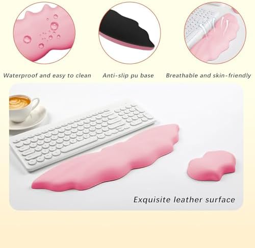 Halloween Bat Keyboard Wrist Rest Set, Ergonomic PU Leather Wrist Support for Keyboard & Mouse, Soft Memory Foam Wrist Pad with Non-Slip Base for Office, Gaming, Laptop & Compute(Pink)