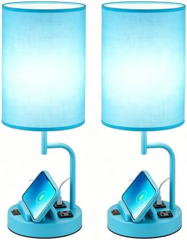 Dreamholder 2 Pack Table Lamp, Bedside Lamp with 3 USB Charging Ports & AC Outlet, USB Desk Lamp with 2 Phone Holders, Linen Fabric Shade Nightstand Lamps for Bedroom Living Room Office, Lake Blue