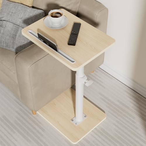 YUHFERA Sofa Armrest Tray Table for Couch - 360 Swivel Height Adjustable End Table for Small Spaces, Snack Side Table for Bed or Chair with Phone & Tablet Slot (Oak, Standard)