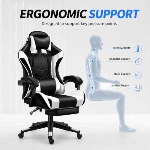 Gaming Chair with Massage Lumbar Support, 135° Reclining Computer Chair with Linked Armrests, Removable Headrest and Lumbar Pillow, Height Adjustable Swivel Racing Style Office Chair for Adult