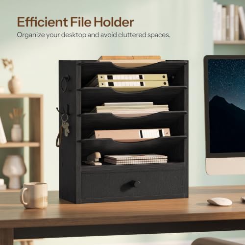 HOOBRO Wall File Organizer, Mail Organizer Wall Mounted, Wooden Literature Organizer, Construction Paper Organizer with Drawer Storage and 2 Hooks, for Office, Classroom, Home, Black BK14WF01