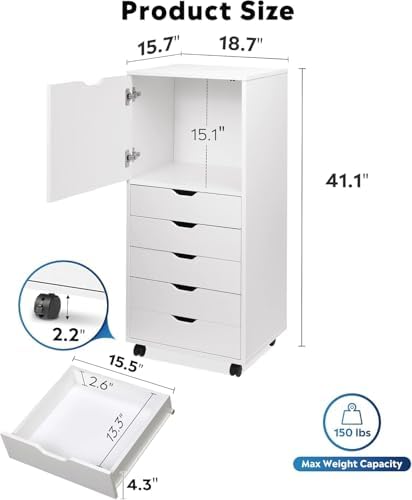 DEVAISE 5 Drawer Cabinet with 1 Door, Mobile Office File Cabinet, White