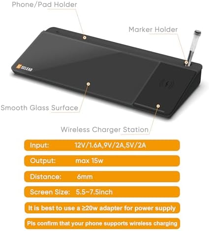 SELEAD Desktop Glass Whiteboard with Wireless Charger and Storage, Black