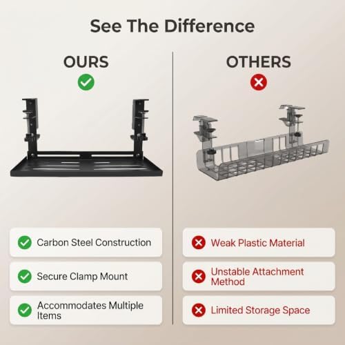 Under Desk Cable Management Tray No Drill, Black Carbon Steel Metal Cord Organizer with Clamp Mount, Huge Load Capacity, with Accessories for Home Office Standing Desk