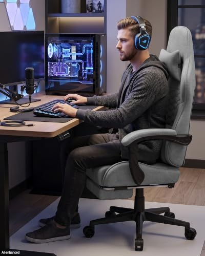 LUCKRACER Gaming Chair with Footrest and Pocket Spring Cushion, 90°-155° Reclining Ergonomic Computer Chair, 4" Height Adjustable, Lumbar Support, SGS Class 3 Gas Lift, Light Gray