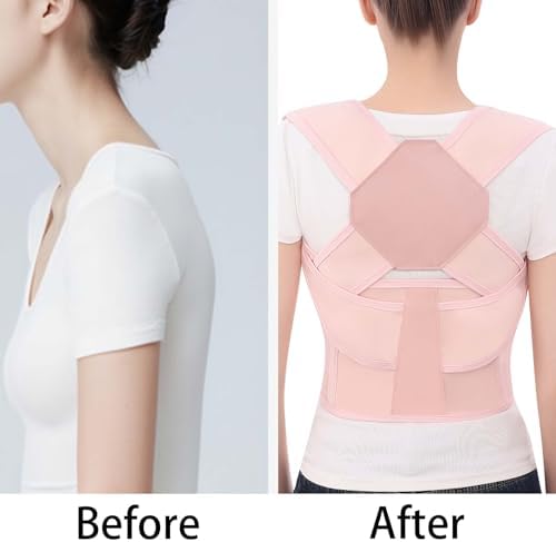 Posture Corrector for Women and Men Back Brace Upper Support Straightener Shoulder Adjustable Breathable Hunchback Pain Workout Lumbar Office Computer Daily Wear Invisible Under Clothes Pink XX-Large