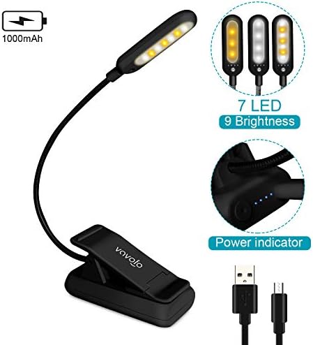 VAVOFO Rechargeable Reading Light, 7 LEDs with 9 Color Temperature 9 Brightness Levels Clip On Book Light for Reading in Bed with Power Indicator for Bookworms (Black)