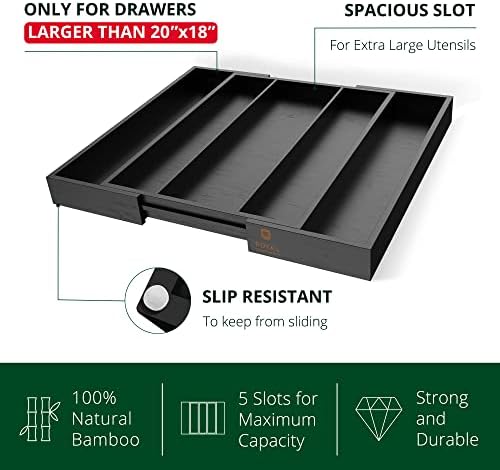ROYAL CRAFT WOOD Luxury Bamboo Kitchen Drawer Organizer - Silverware Organizer - Utensil Holder and Cutlery Tray with Grooved Drawer Dividers for Flatware and Kitchen Utensils (5 Slot, Black)