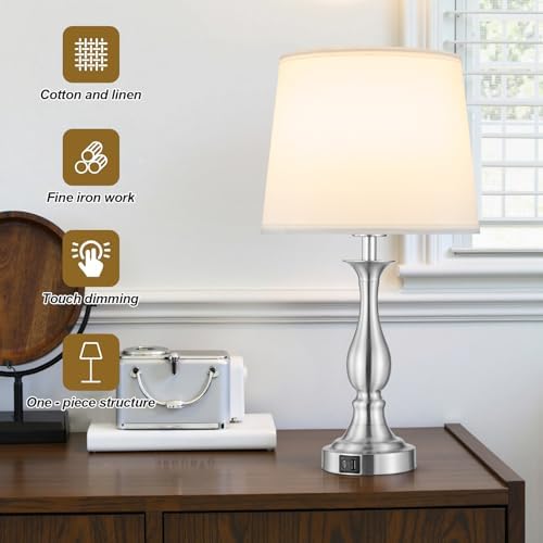 Bedside Table Lamp Touch Control Bedroom Lamps with USB A + C Charging Port 3 Way Dimmable Touch Lamps for Nightstand Living Room Bedroom Dorm Home Office Reading, Set of 2 (White Shade & Nickel Base)