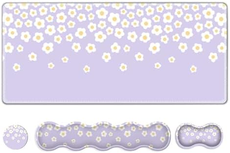 Desk Mat Gaming Mouse Pad, Cute Desk Matt Keyboard Wrist Rest for Desktop, Anti-Slip Mousepad w/Stitched Edges, XXL Large Mouse Pad with Wrist Support for Desk Computer I Lavender Happy Flowers