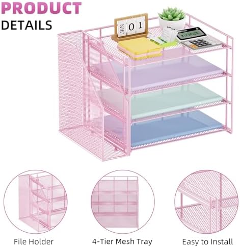 Marbrasse 4-Tier Paper Tray Organizer with File Holder, Pink