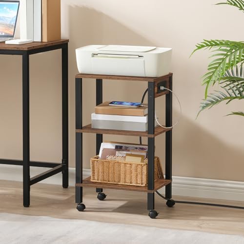 HOOBRO 3-Tier Printer Stand with Charging Station, Under Desk Printer Table, Printer Cart with Storage Shelves, Shelf for Small Spaces, for Home Office, Rustic Brown and Black BF63UPS01