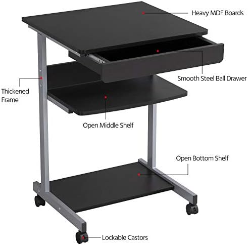 Topeakmart Rolling Desk with Drawer & Printer Shelf, Sturdy Steel Frame, Black
