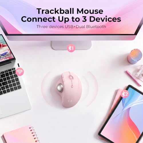 seenda Wireless Trackball Mouse, Ergonomic Bluetooth Rollerball,Rose Pink