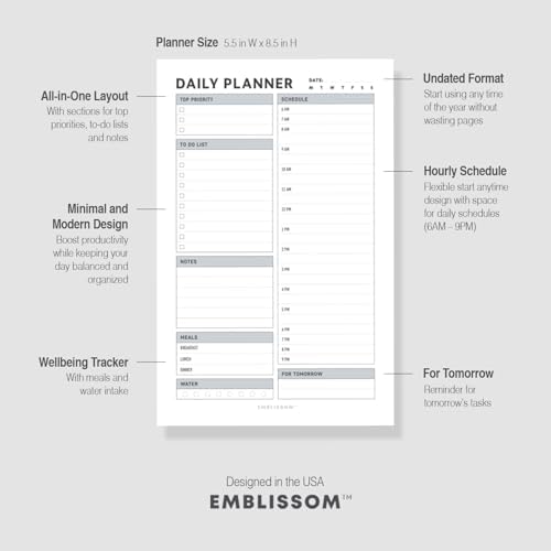 Daily Planner Notepad, 5.5 x 8.5" Tear-Off Pad – 70 Undated Sheets Focus-Enhancing Desktop Organizer with Hourly Schedule, To-Do List for Work, School (White, Checkbox, 1 Pack)