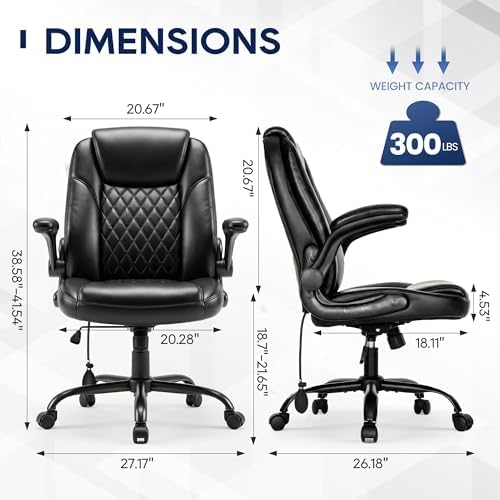 MALOL Leather Office Chair, Home Desk Chair with Flip-up Arms, Black